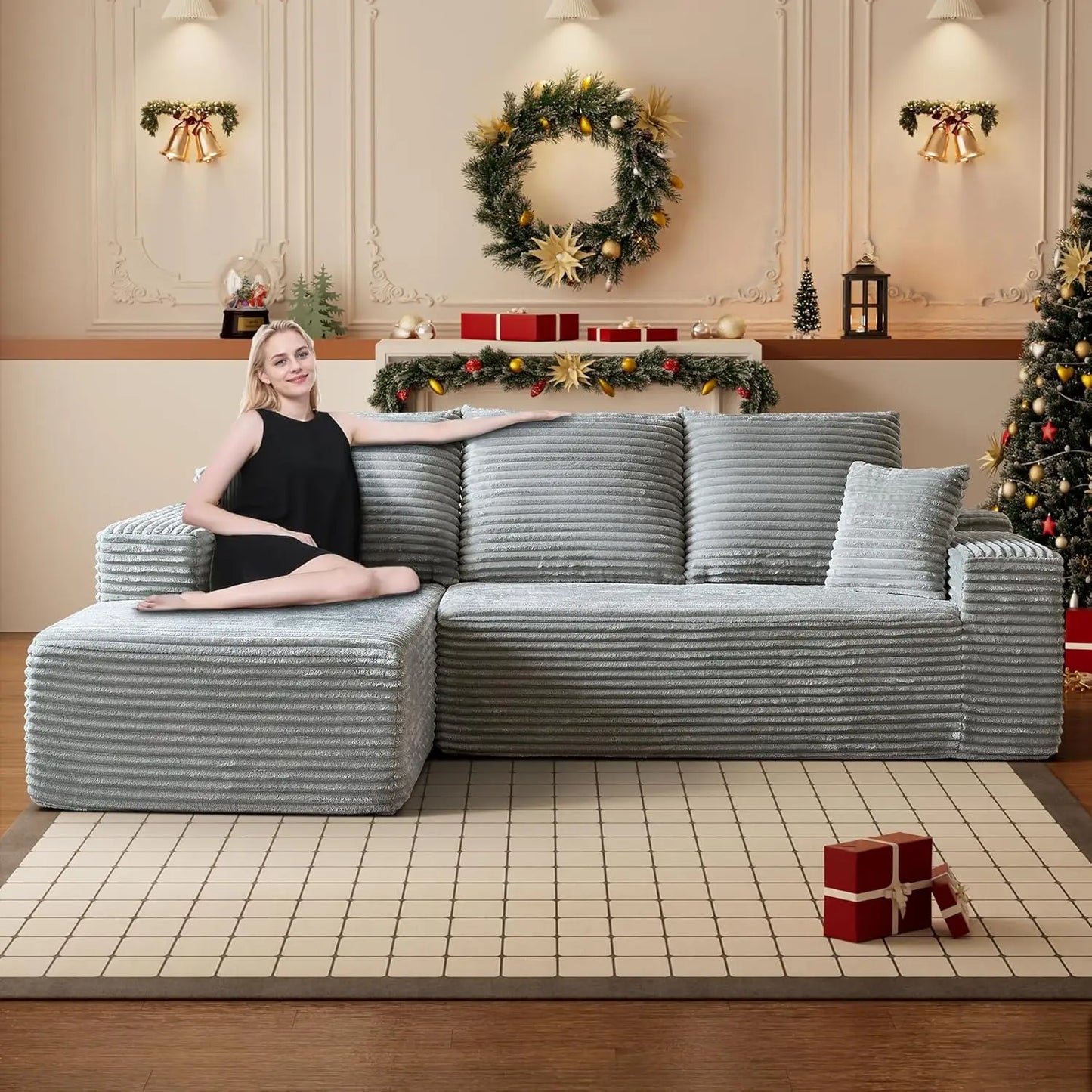 Modular Sectional Sofa Cloud Sectional Couch, 107" Comfy Fluffy L Shaped Black Couches, Deep Seat Memory Foam