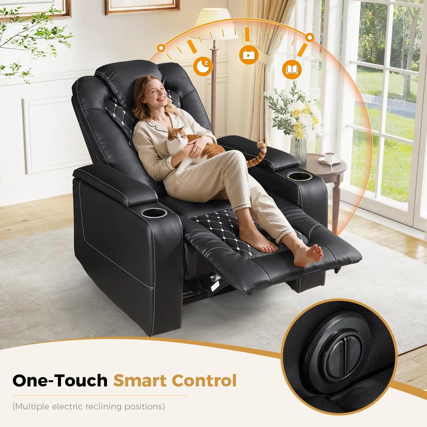 Electric Power Recliner Chair with USB Ports and Cup Holders, Breathable Leather Seating with Hidden Arm Storage
