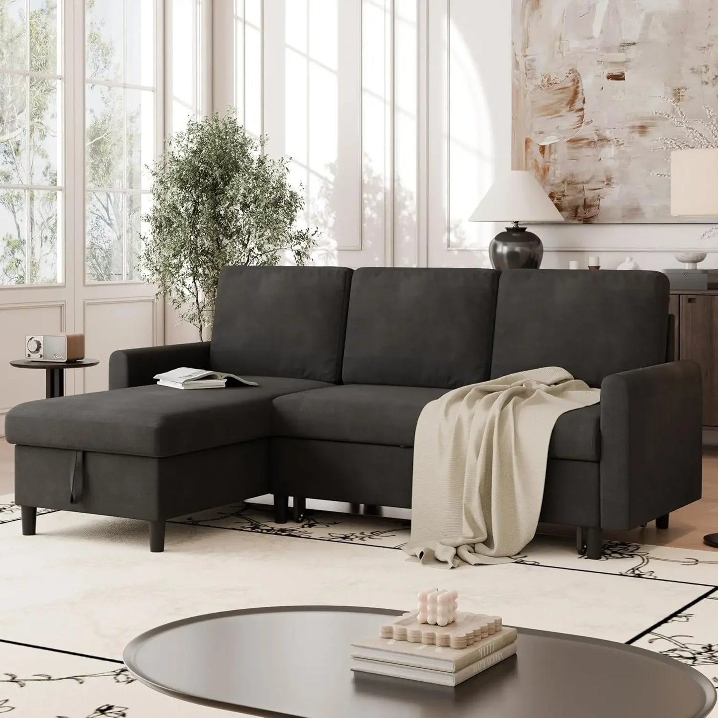 Convertible Sleeper Sofa, Pull Out Couch with Storage, 77" L-Shaped Sofa Bed with Storage