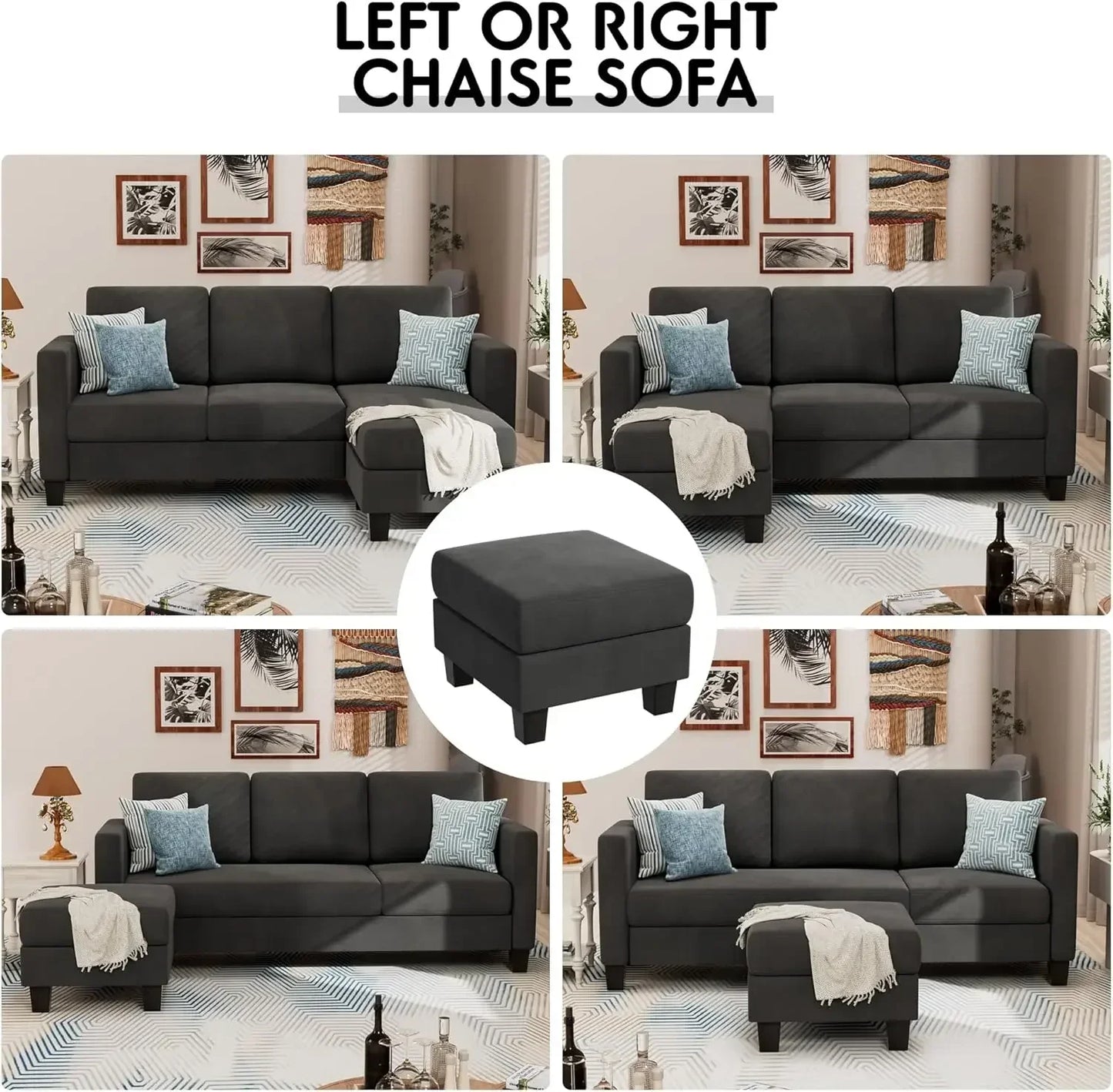 Convertible Sectional 3 L-Shaped Couch Soft Seat with Modern Linen Fabric, Space-saving Sofas