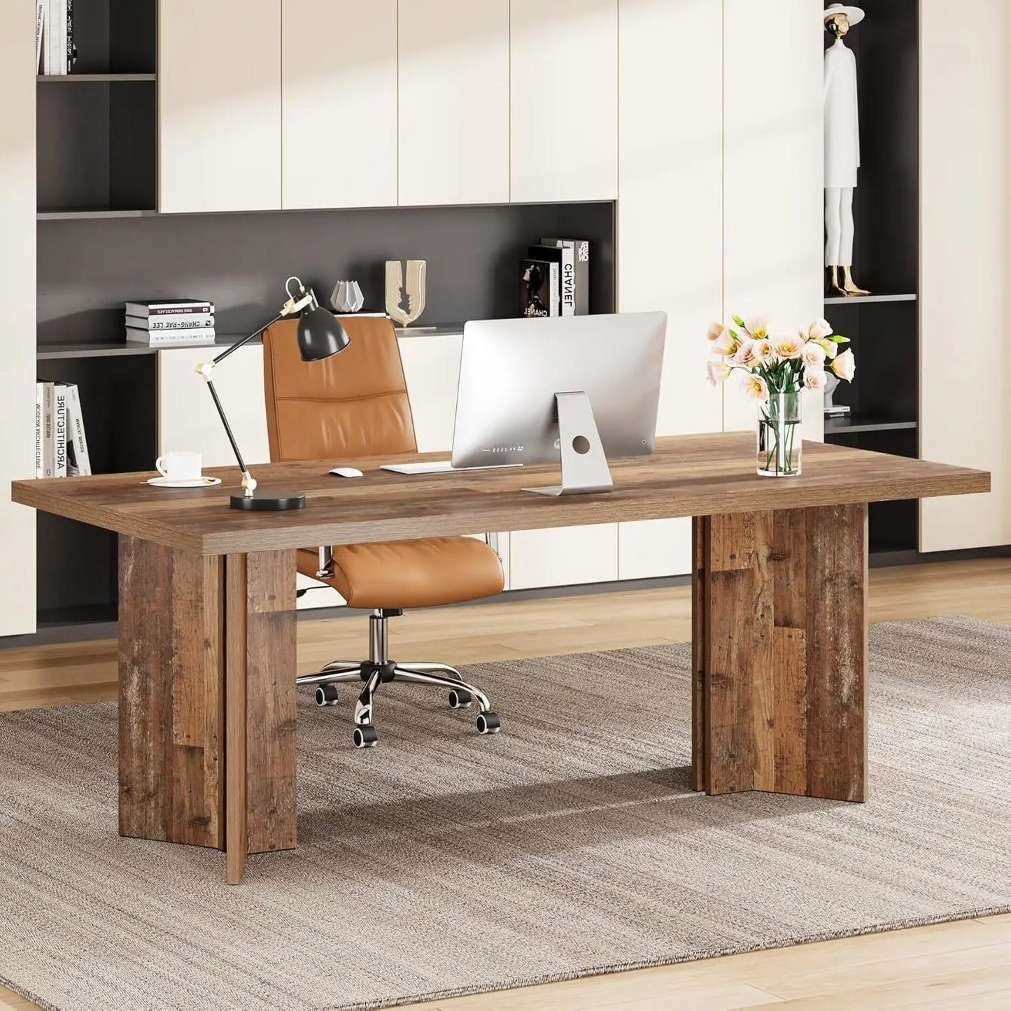 63-inch Executive Desk,Vintage Home Office Computer Desk with Large Tabletop,Farmhouse Wood Writing Conference Table Workstation