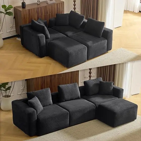 112.2“ Convertible Corduroy Cloud Sectional Couches with Movable Ottoman, L-Shaped Upholstered Sofa with Deep Seat