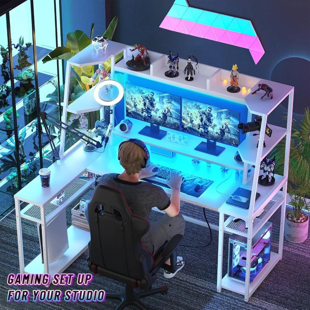 L Shaped Gaming Desk with LED Lights & Power Strips, 63'' Reversible Gaming Table Desk with Hutch, L-Shaped PC Gaming Desk with