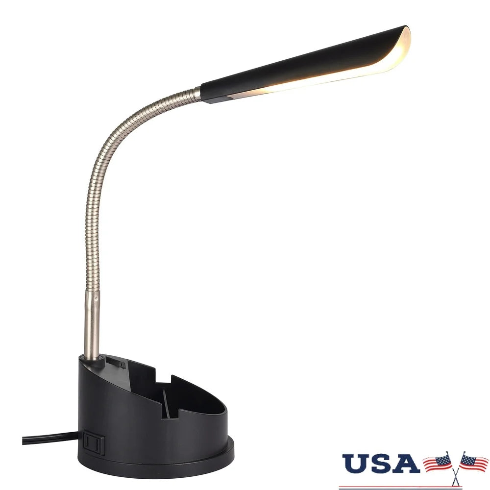 LED Desk Organizer Lamp with Adjustable Gooseneck AC Outlet Mobile Devices Modern Plastic Finish Home Office Dorm Study