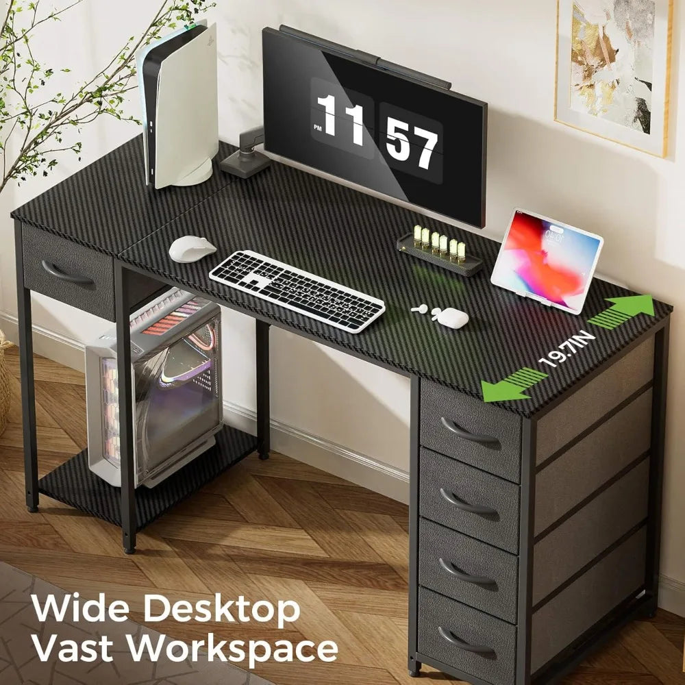 Computer Desk with 5 Fabric Drawers, 47 Inch Home Office Desk with Storage Shelves, Gaming Writing Work Study Table for Bedroom,