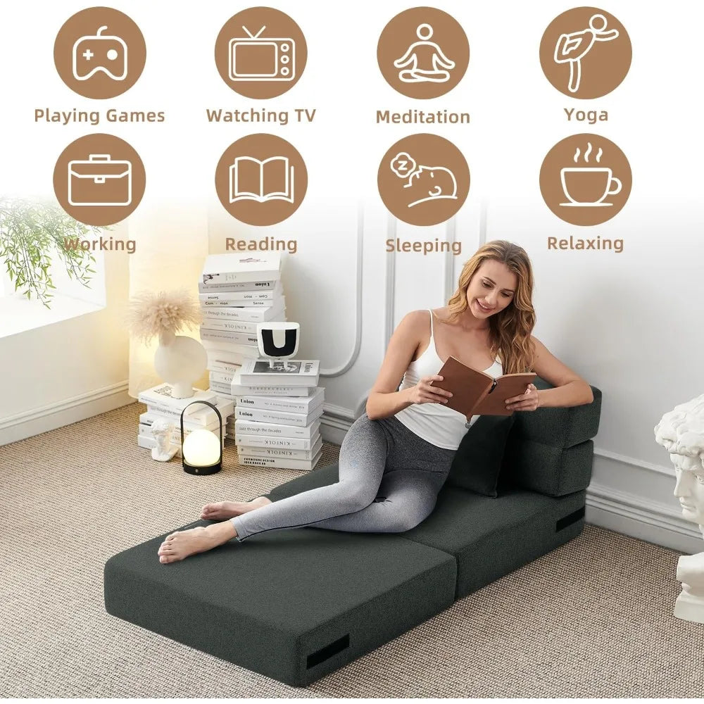 Convertible Folding Sofa Bed - Sleeper Chair with Pillow, Modern Linen Fabric, Futon Couch, Foldable Mattress