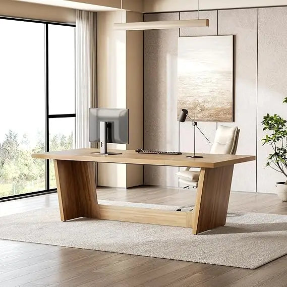 70.87 Inches Long Executive Desk, Brown Wooden Computer Desk, Industrial Simple Study Writing Table