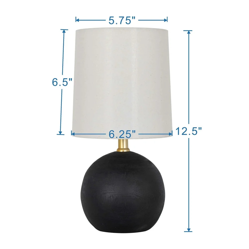 Mini Black Wood Ball Table Lamp with White Fabric Shade 12.5 Inch Stylish Accent Lighting Home Office Bedroom Desk Reading