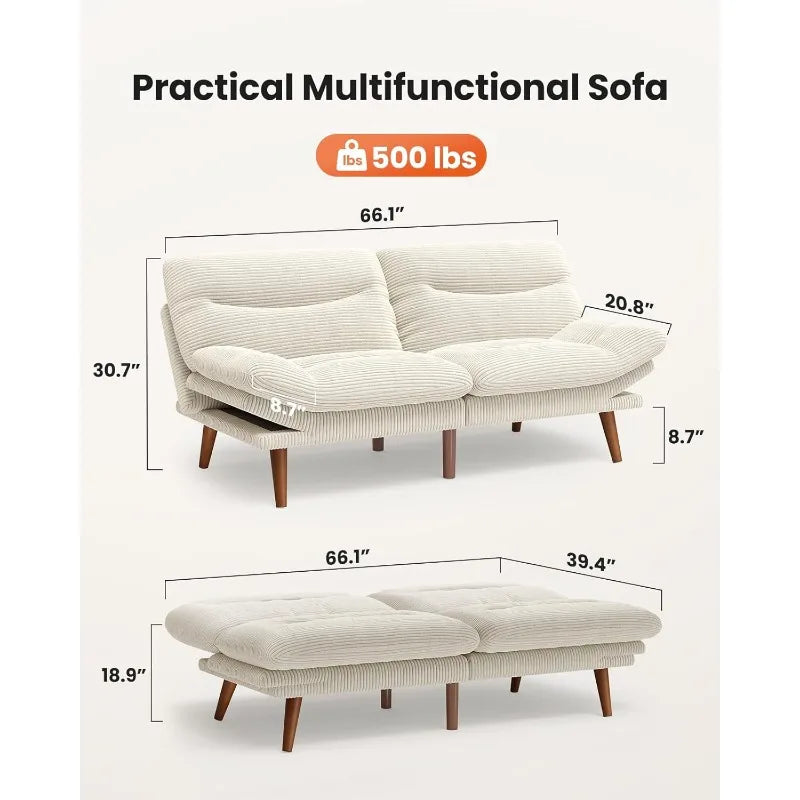 Futon Sofa Bed with Adjustable Backrest & Armrests, Convertible Futon Sofa Couch for Small Spaces,