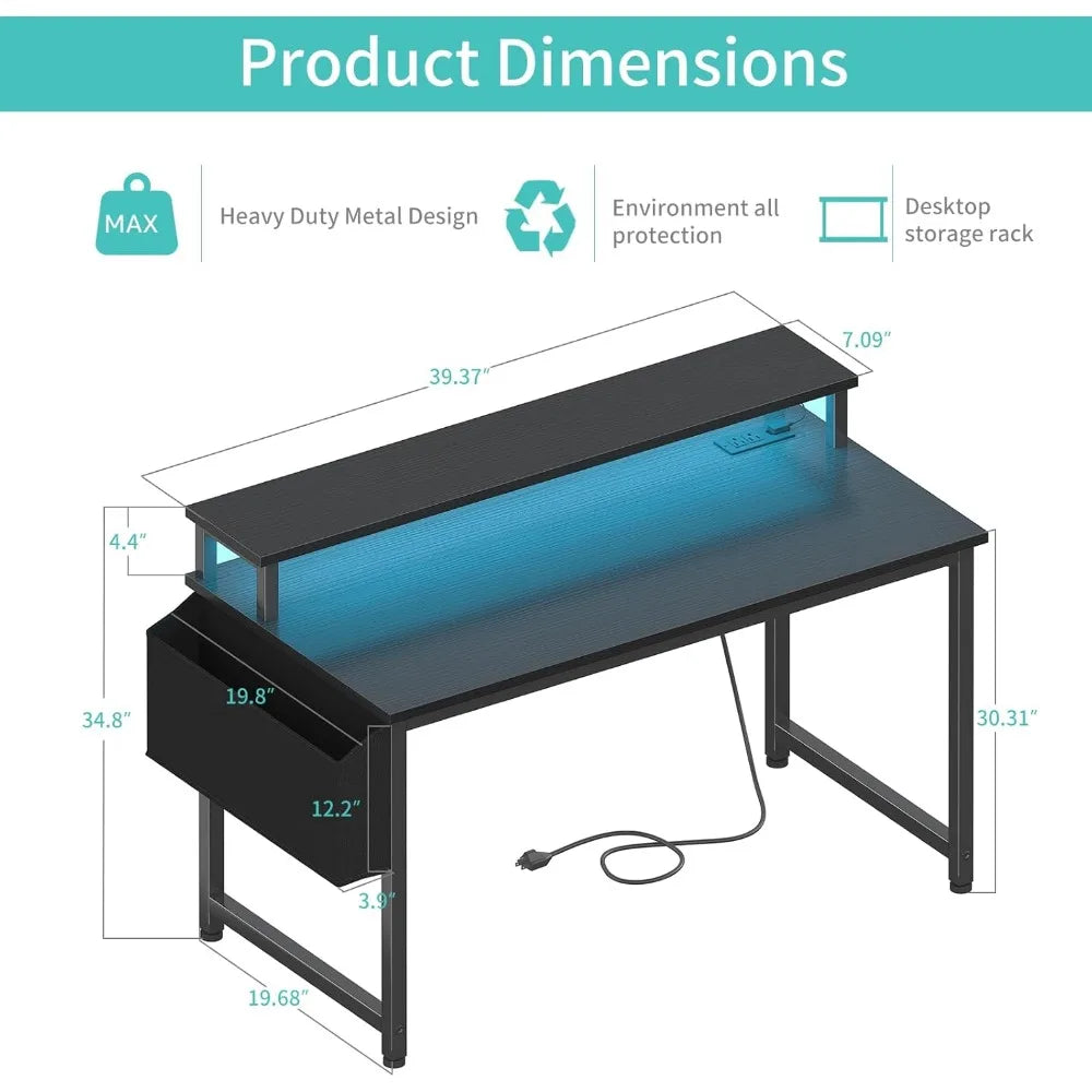 Black Gaming Desk with LED Lights and Power Outlets, 40 Inch Teen Writing Study Table Home Office Desks with Monitor Stand, Com