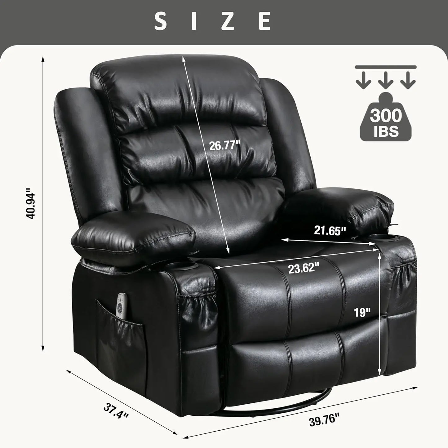 Oversized Massage Swivel Recliner Chair with Lumbar Heating, Rocker Recliner Single Sofa with Cup Holders