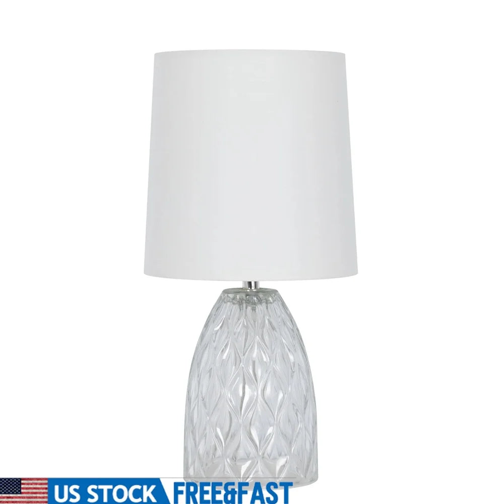 Mini Clear Glass Table Lamp with White Shade Compact Design Home Office Easy Push Thru Switch Ideal Small Spaces