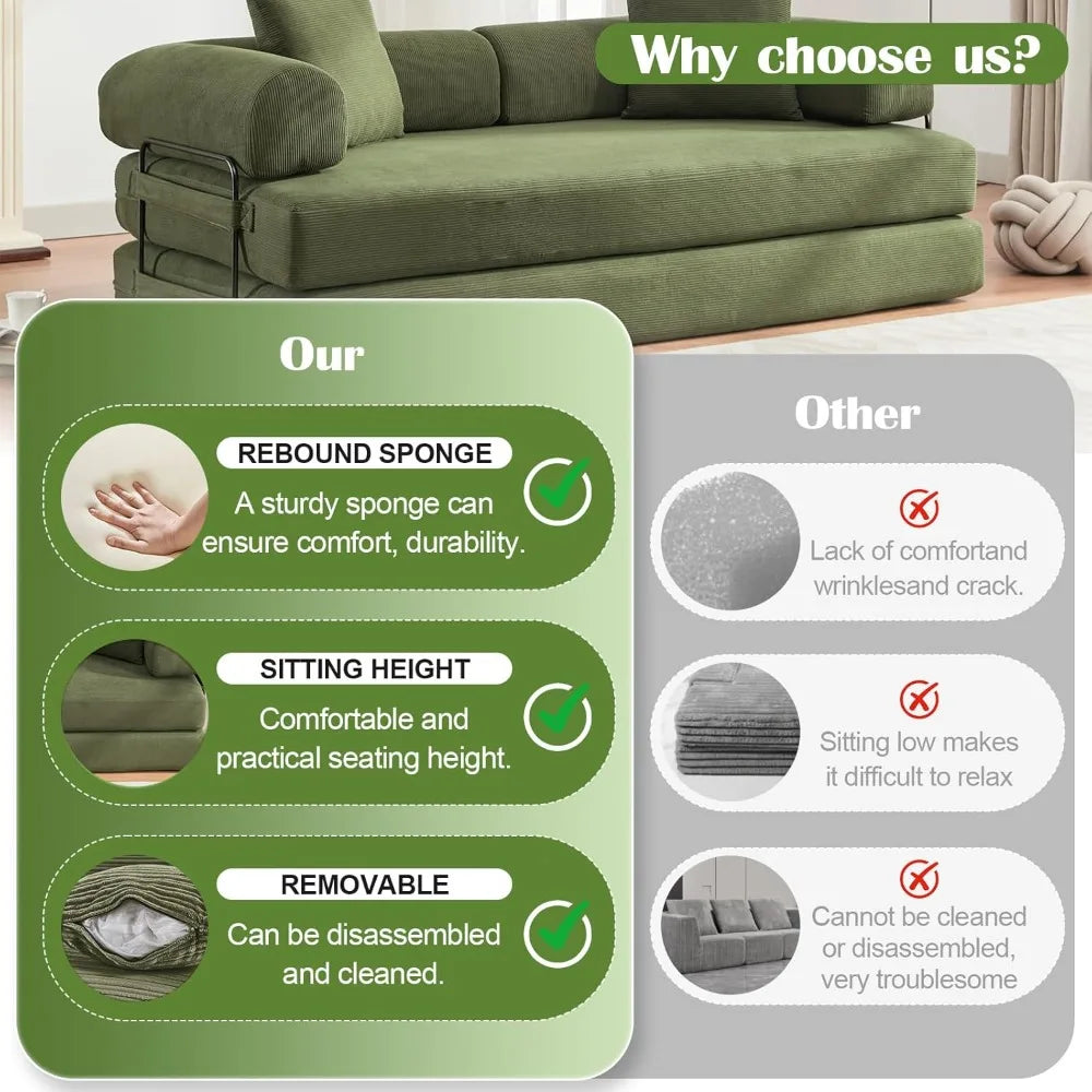 Convertible Folding Sofa Bed - Modular Floor Couch with Removable Backrest, Corduroy & Fixed-Frame