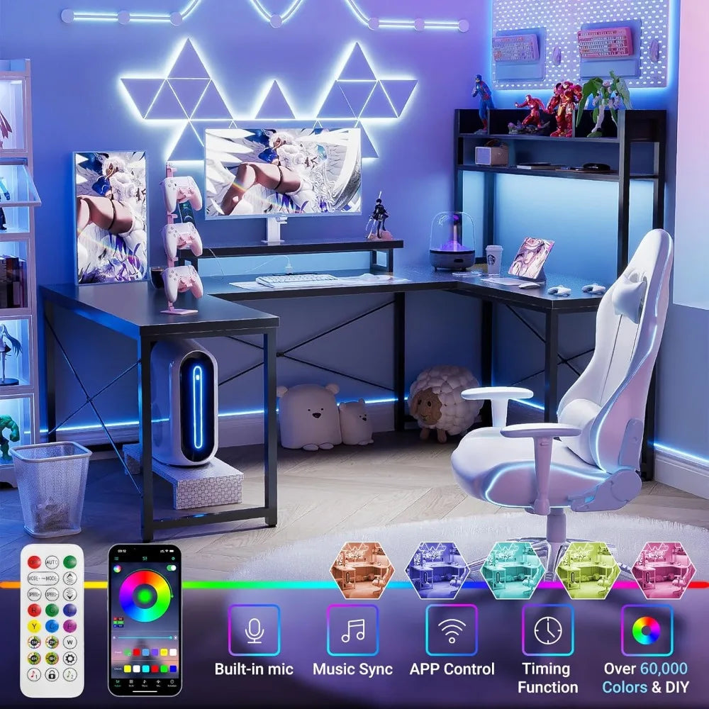 U Shaped Desk with Hutch, Reversible L Shaped Computer Desk with Power Outlets and LED Strip, Large Office Table with Monitor S