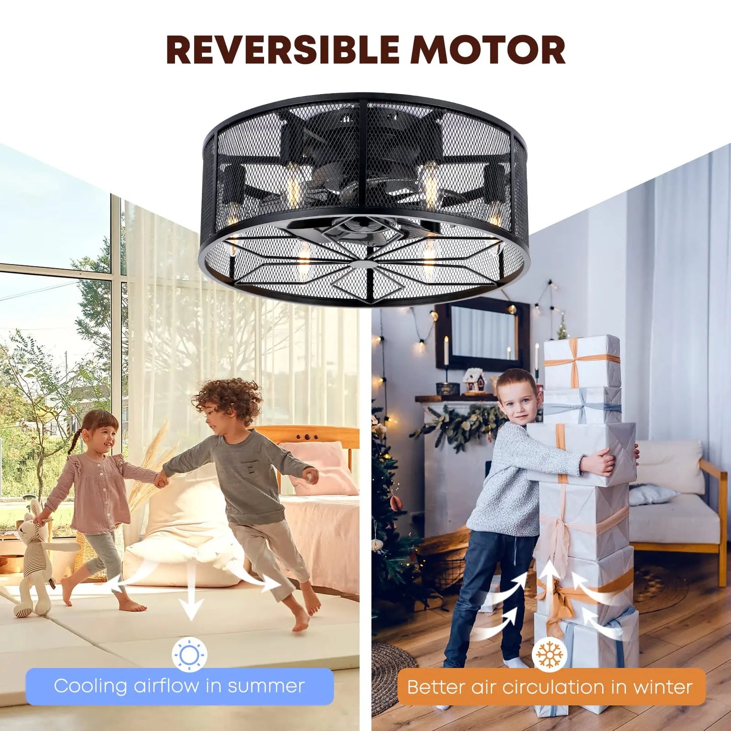 18" Caged Low Profile Ceiling Fan with Light and Remote, Black Flush Mount Fandelier Rustic Farmhouse Lighting & Ceiling Fans