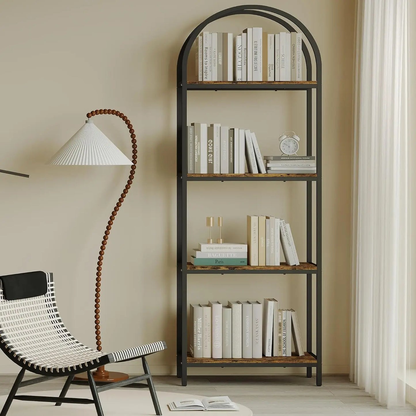 Bookshelf Arched Bookcase, Industrial 4-Tier Open Book Shelves with Metal Frame, 72" Tall Freestanding Storage