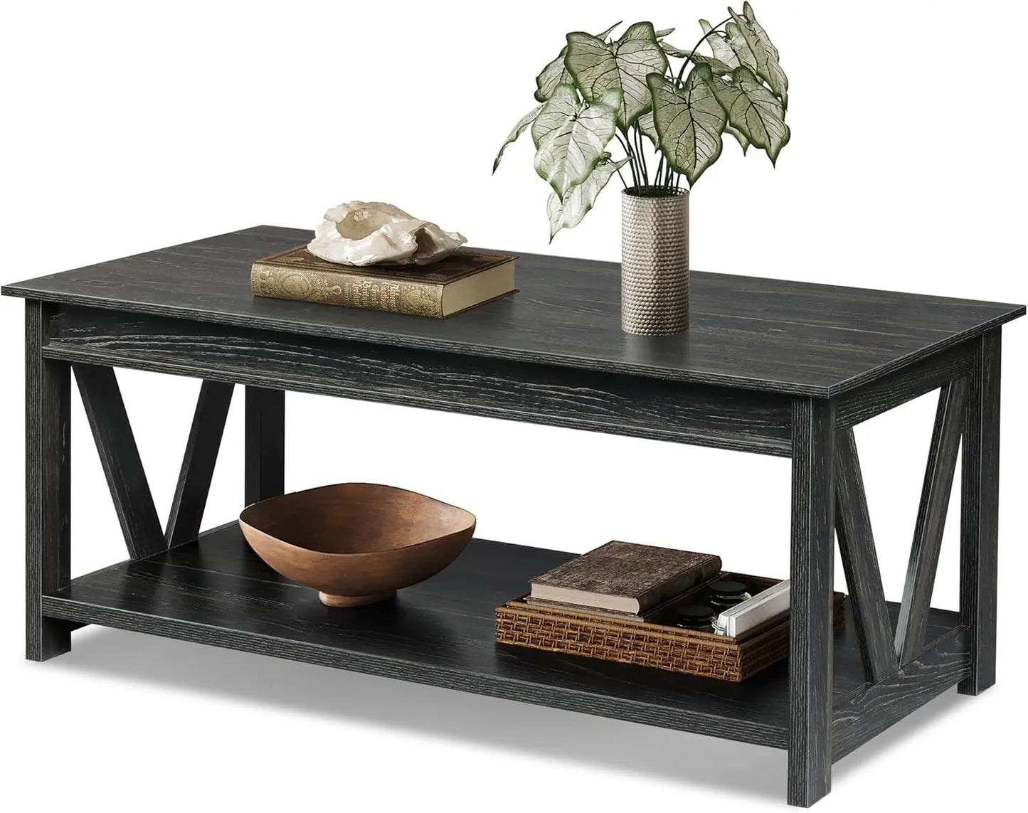 Coffee Table Farmhouse Coffee Table with Storage Shelf Sturdy V Shaped Support Center Table for Living Room/ Office