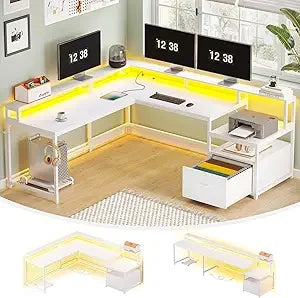 L Shaped Office Desk, 66" Corner L Shaped Computer Desk with File Drawer & Power Outlet for Home Office, Gaming Table with Led
