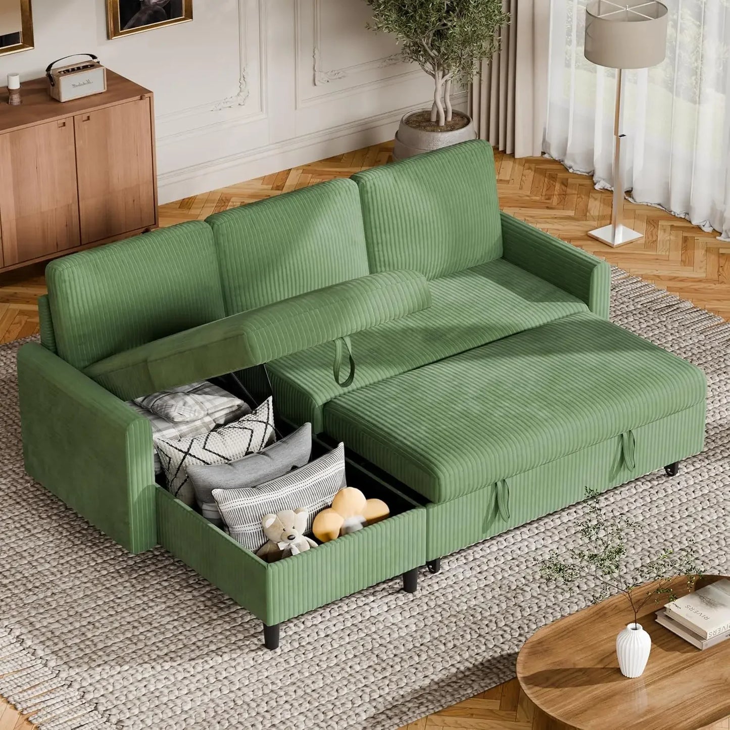 Convertible Sleeper Sofa, Pull Out Couch with Storage, 77" L-Shaped Sofa Bed with Storage