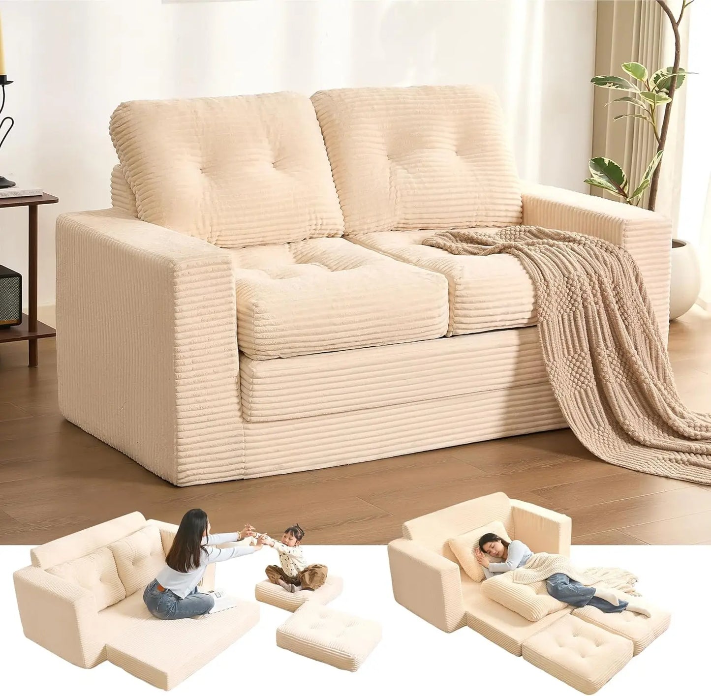 61" Corduroy 3-in-1 Convertible Sofa Bed - Pull Out Sleeper with Futon & Pillows