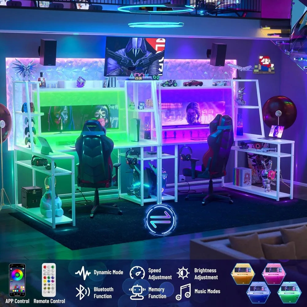L Shaped Gaming Desk with LED Lights & Power Strips, 63'' Reversible Gaming Table Desk with Hutch, L-Shaped PC Gaming Desk with