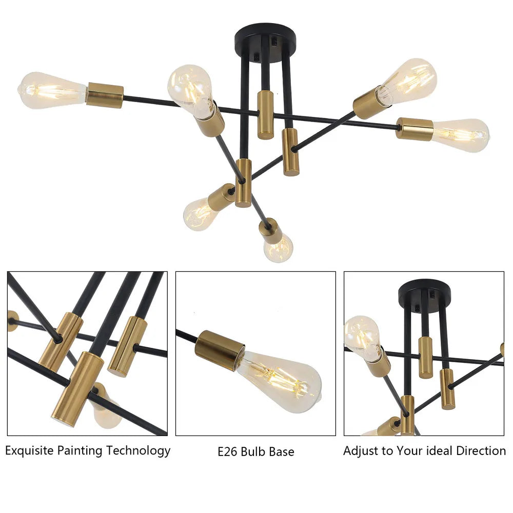 Mid Century Modern Light Fixture E26 LED Sputnik Chandelier Ceiling Lamp 6 Lights