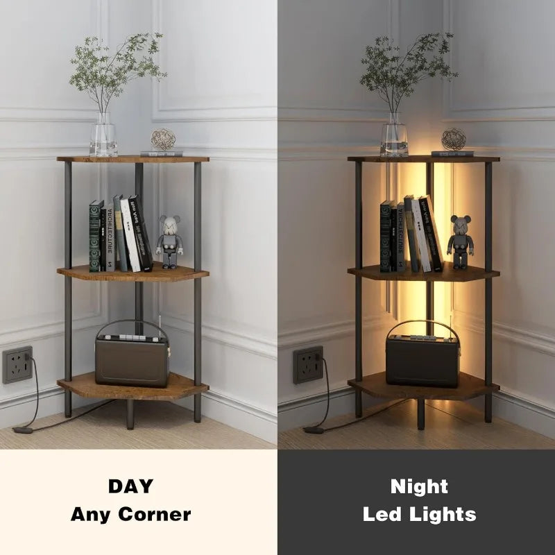 3 Tier Corner Shelf with LED Light,Corner Bookcase for Small Spaces, Display Shelf,Narrow Bookshelf
