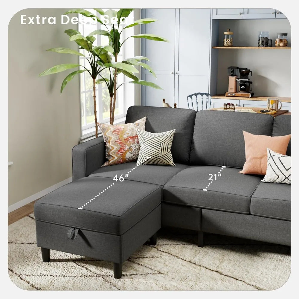 Sectional Sofa Couches, Dark Grey 3 Seat L-Shaped Couch with Storage Ottoman, Comfy Linen Convertible Sectionals