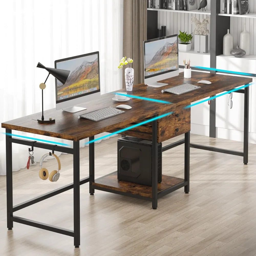 two person desk, 79 inch double desks with 2 drawers, large computer desk long desks with storage shelves, writing table study