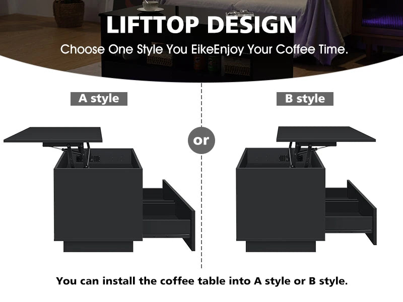Top Lift Coffee Table with RGB LED Light High Gloss Surface Hidden Storage Compartment and Drawer Height Adjustable Tea Tables