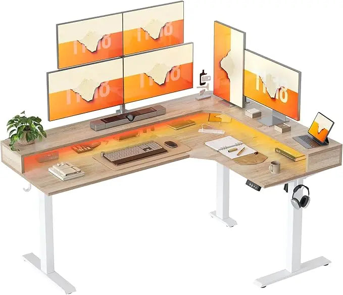63'' L-Shaped Standing Desk with LED Light Strip and Power Outlet, Height Adjustable Corner Table with Ergonomic Monitor