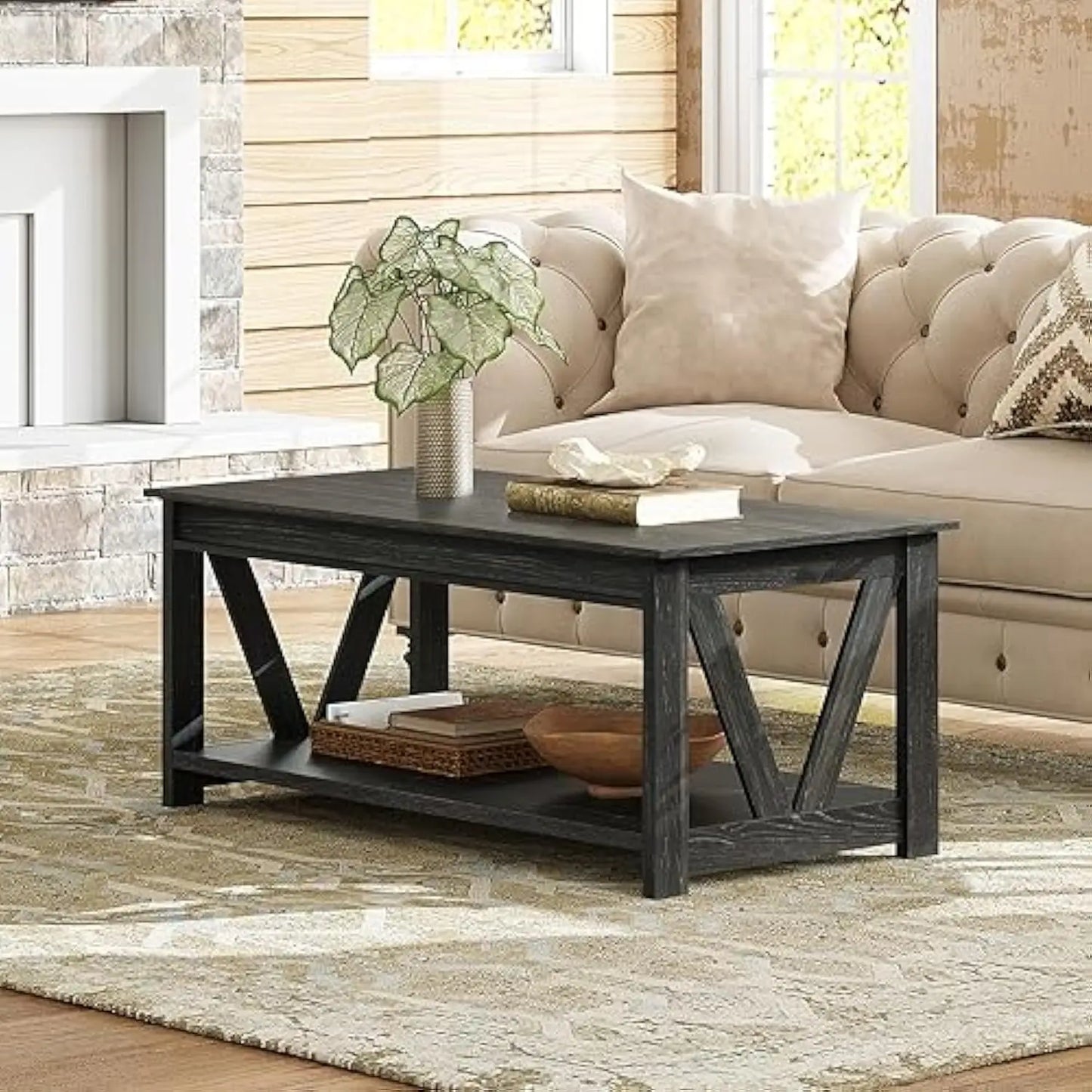 Coffee Table Farmhouse Coffee Table with Storage Shelf Sturdy V Shaped Support Center Table for Living Room/ Office