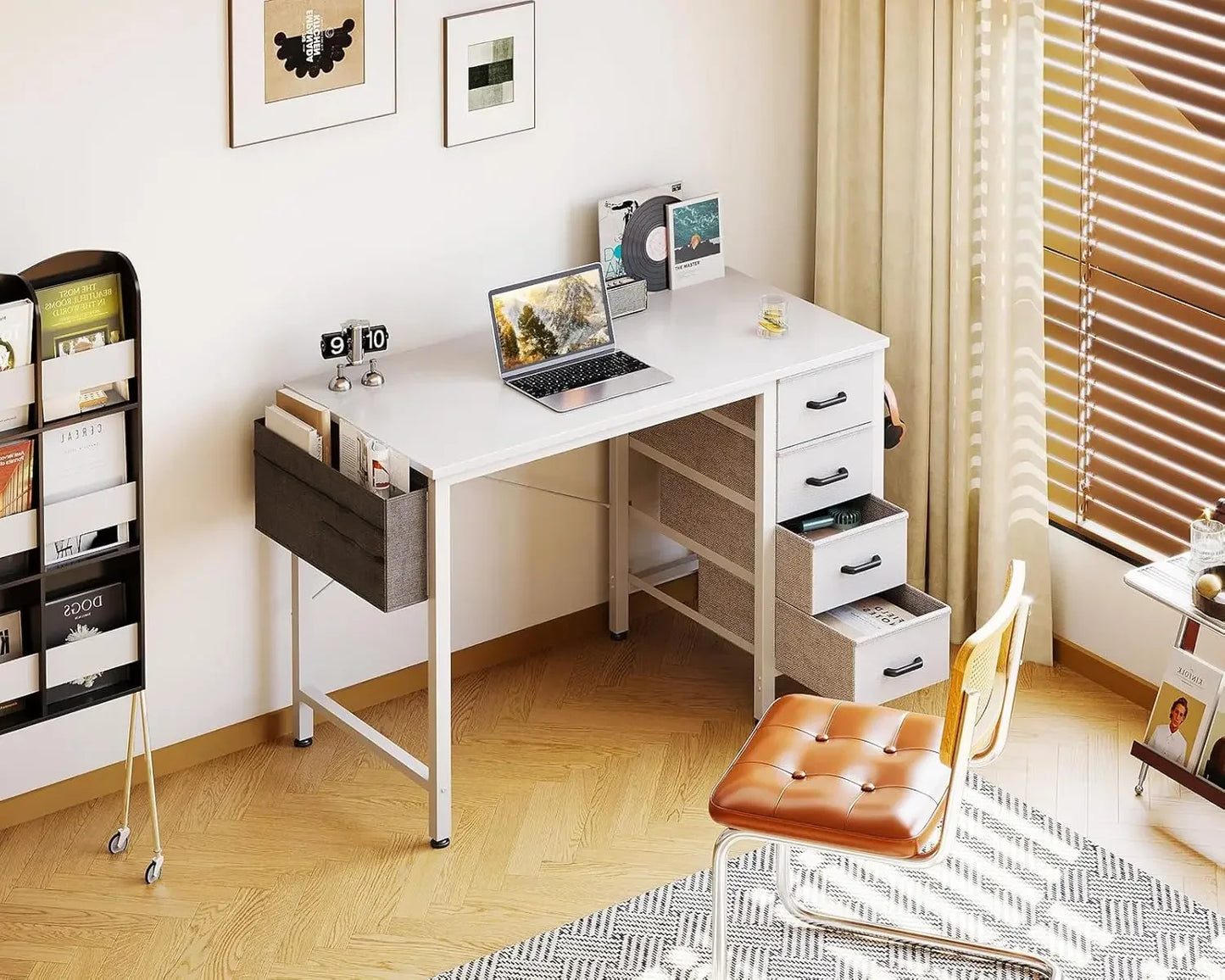 32-Inch Small Computer Desk with 4 Fabric Drawers, Storage, Side Hook and Cloth Bag, Kids Desk Study/Work Table
