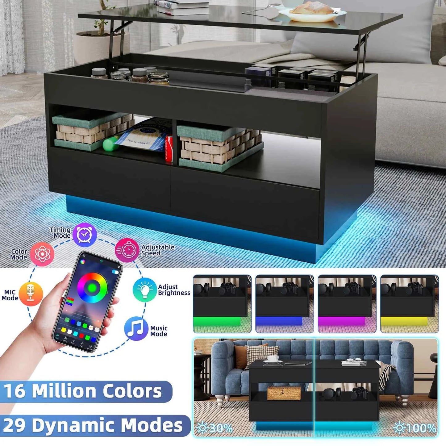 Top Lift Coffee Table with RGB LED Light High Gloss Surface Hidden Storage Compartment and Drawer Height Adjustable Tea Tables