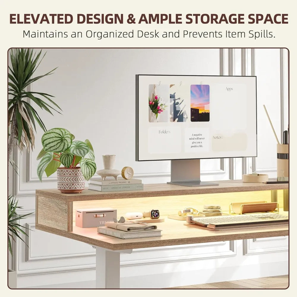 63'' L-Shaped Standing Desk with LED Light Strip and Power Outlet, Height Adjustable Corner Table with Ergonomic Monitor