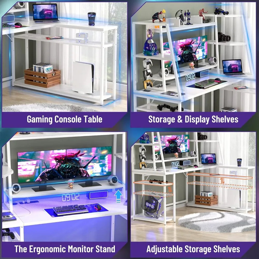 L Shaped Gaming Desk with LED Lights & Power Strips, 63'' Reversible Gaming Table Desk with Hutch, L-Shaped PC Gaming Desk with