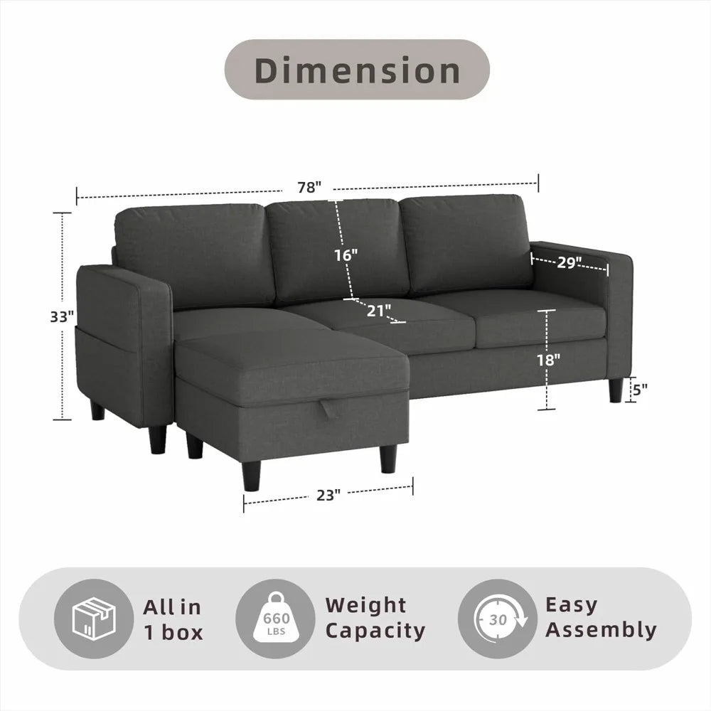 Sectional Sofa Couches, Dark Grey 3 Seat L-Shaped Couch with Storage Ottoman, Comfy Linen Convertible Sectionals