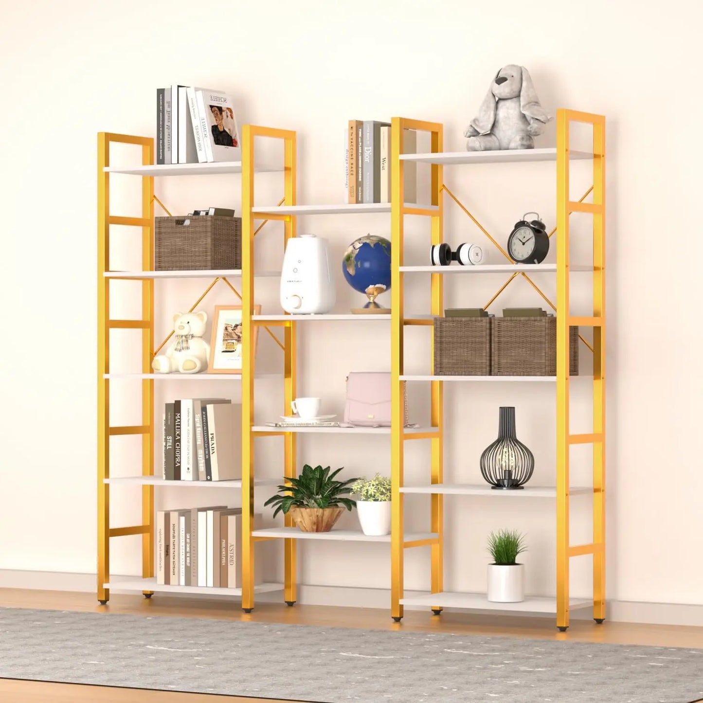 Triple Wide 5 Tier Bookshelf, Shape Changeable Bookcases, Open Display Shelves, Modern Tall Bookcase Furniture for office