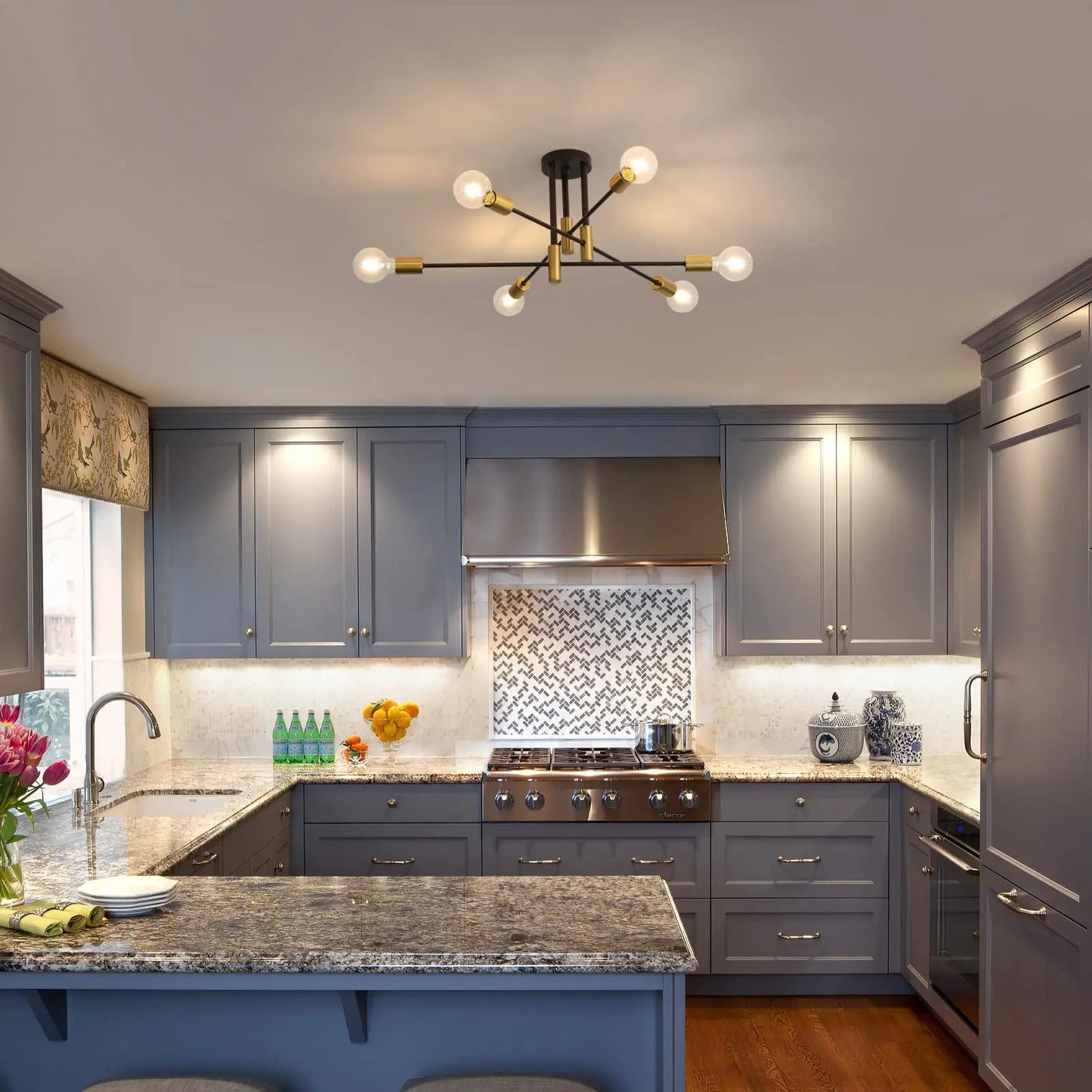 Sputnik Chandelier Mid Century Modern Ceiling Light, with 6 Lights Black and Gold