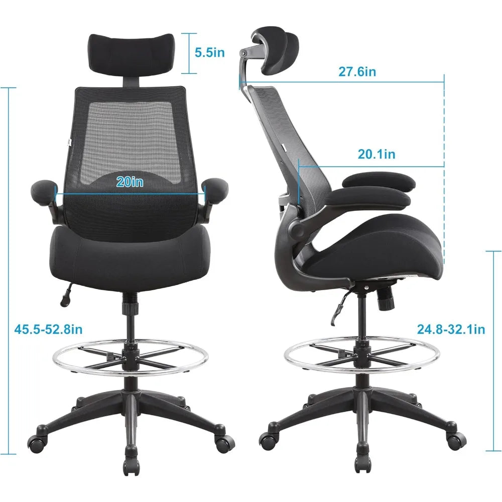 400lbs High Back Computer Office Drafting Chair Flip up Armrests Lumbar Support Adjustable Big Footrest Ring(Black)