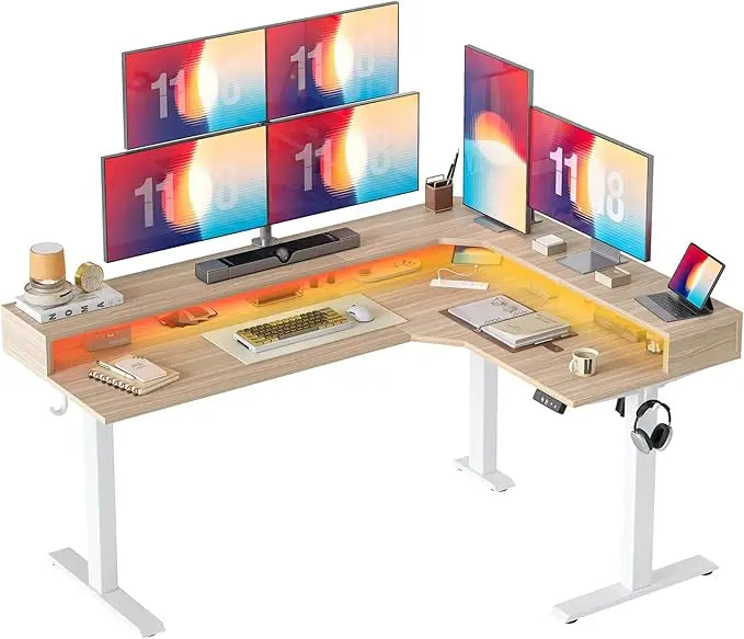 63'' L-Shaped Standing Desk with LED Light Strip and Power Outlet, Height Adjustable Corner Table with Ergonomic Monitor