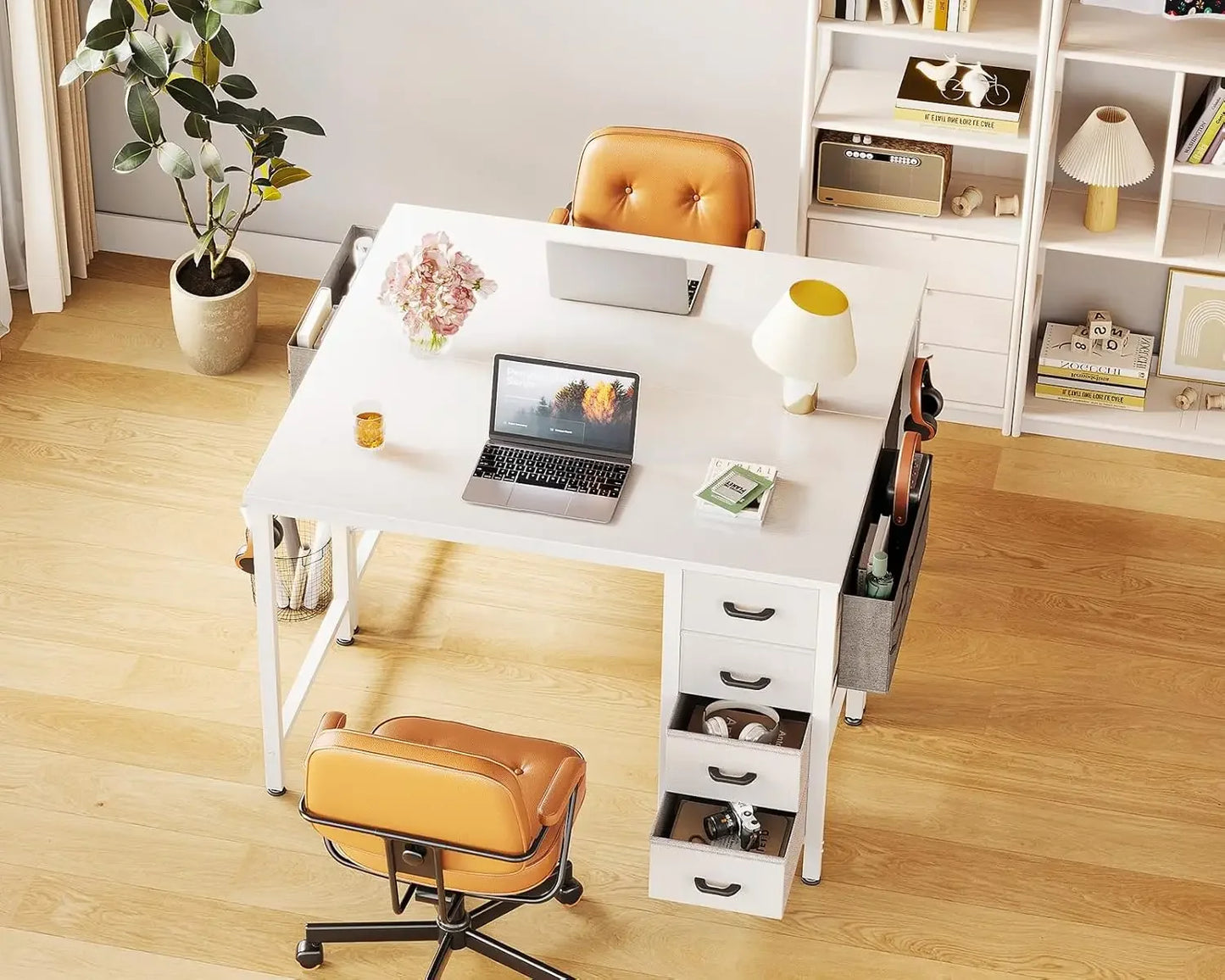 32-Inch Small Computer Desk with 4 Fabric Drawers, Storage, Side Hook and Cloth Bag, Kids Desk Study/Work Table