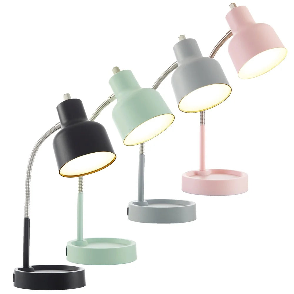 LED Desk Lamp with Integrated AC Outlet Catch-All Base Flexible Gooseneck Energy Efficient Long Lasting 12000 Hours Workspace