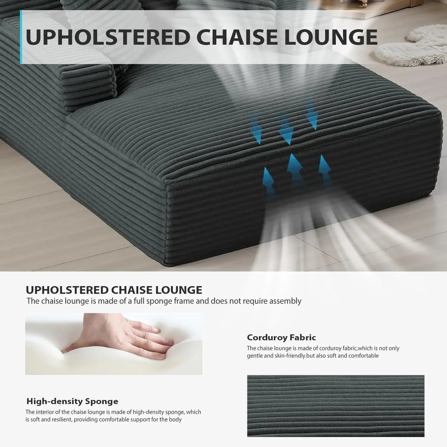 50 Inch Chaise Lounge Chair Indoor, Oversized Corduroy Upholstered Boneless Sofa Bed, Deep Seat Sleeper