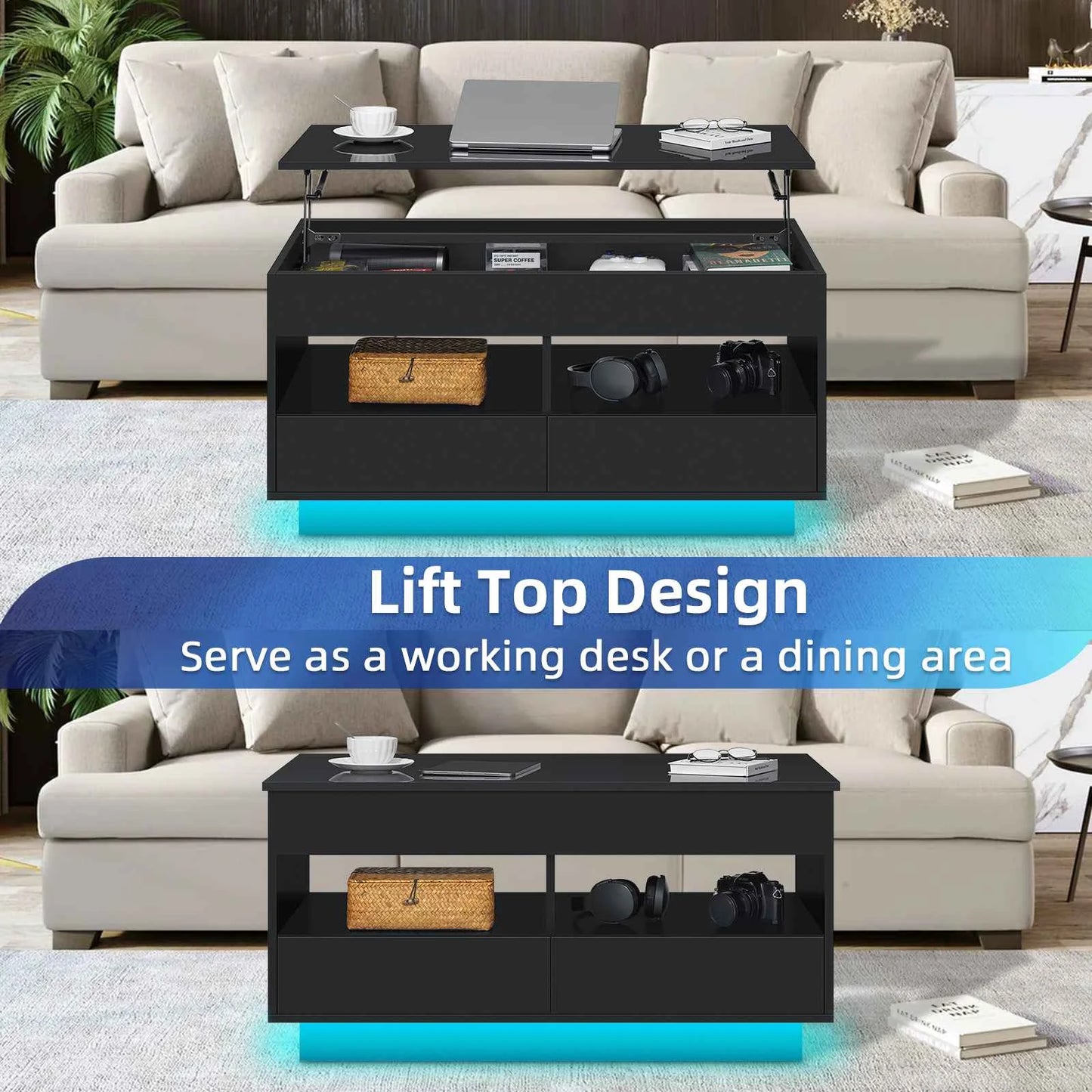 Top Lift Coffee Table with RGB LED Light High Gloss Surface Hidden Storage Compartment and Drawer Height Adjustable Tea Tables