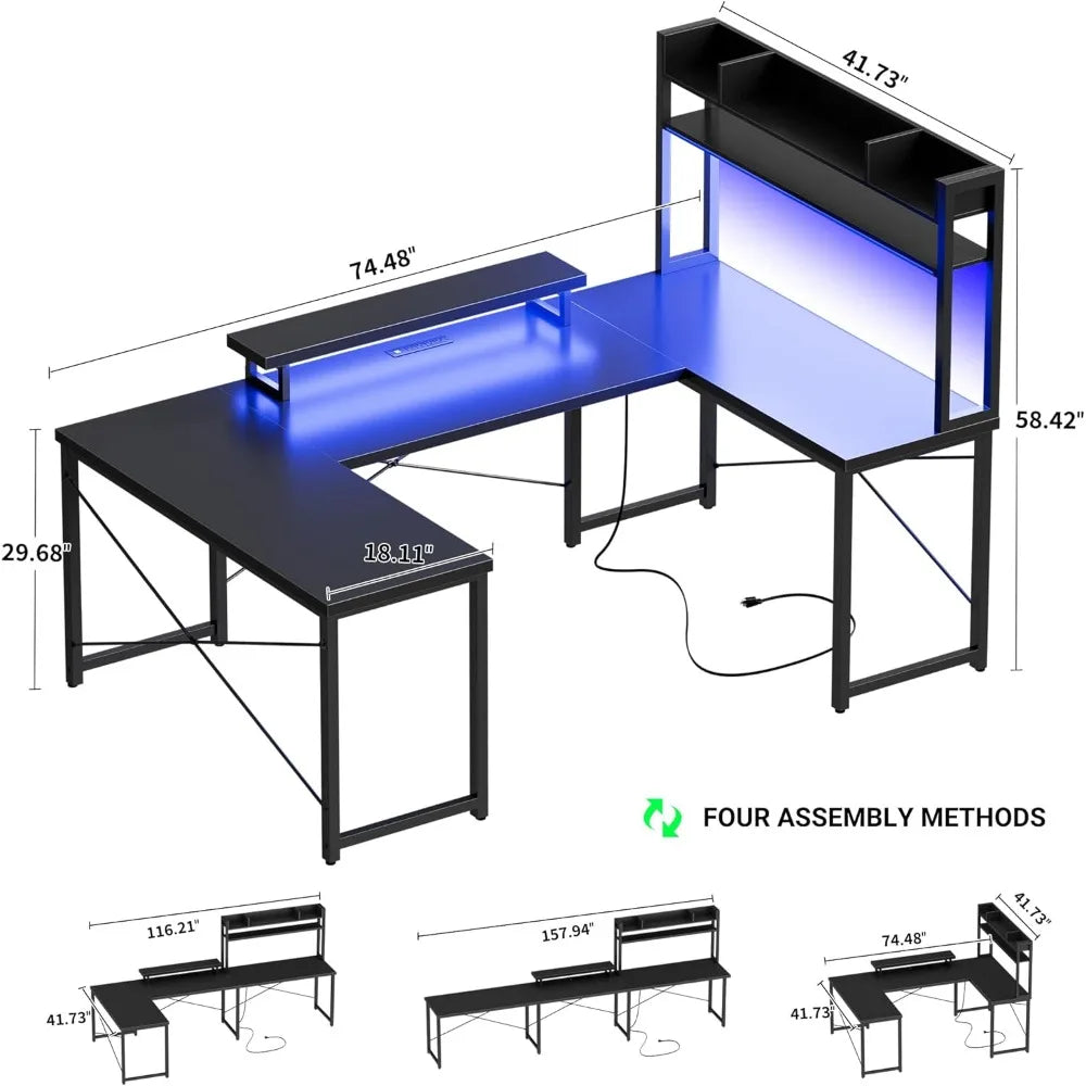 U Shaped Desk with Hutch, Reversible L Shaped Computer Desk with Power Outlets and LED Strip, Large Office Table with Monitor S