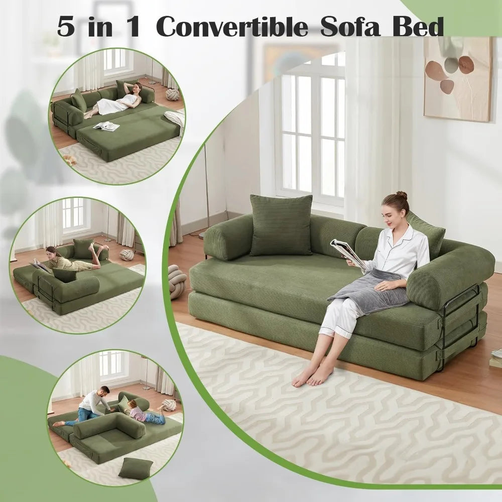 Convertible Folding Sofa Bed - Modular Floor Couch with Removable Backrest, Corduroy & Fixed-Frame