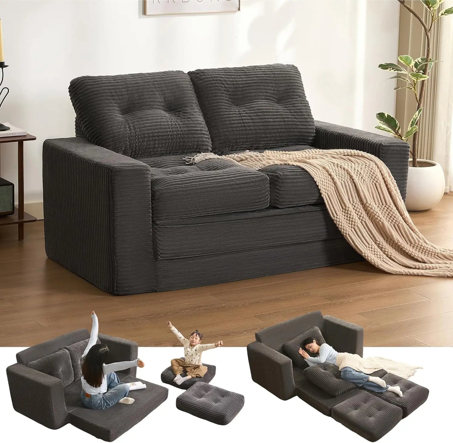 61" Corduroy 3-in-1 Convertible Sofa Bed - Pull Out Sleeper with Futon & Pillows