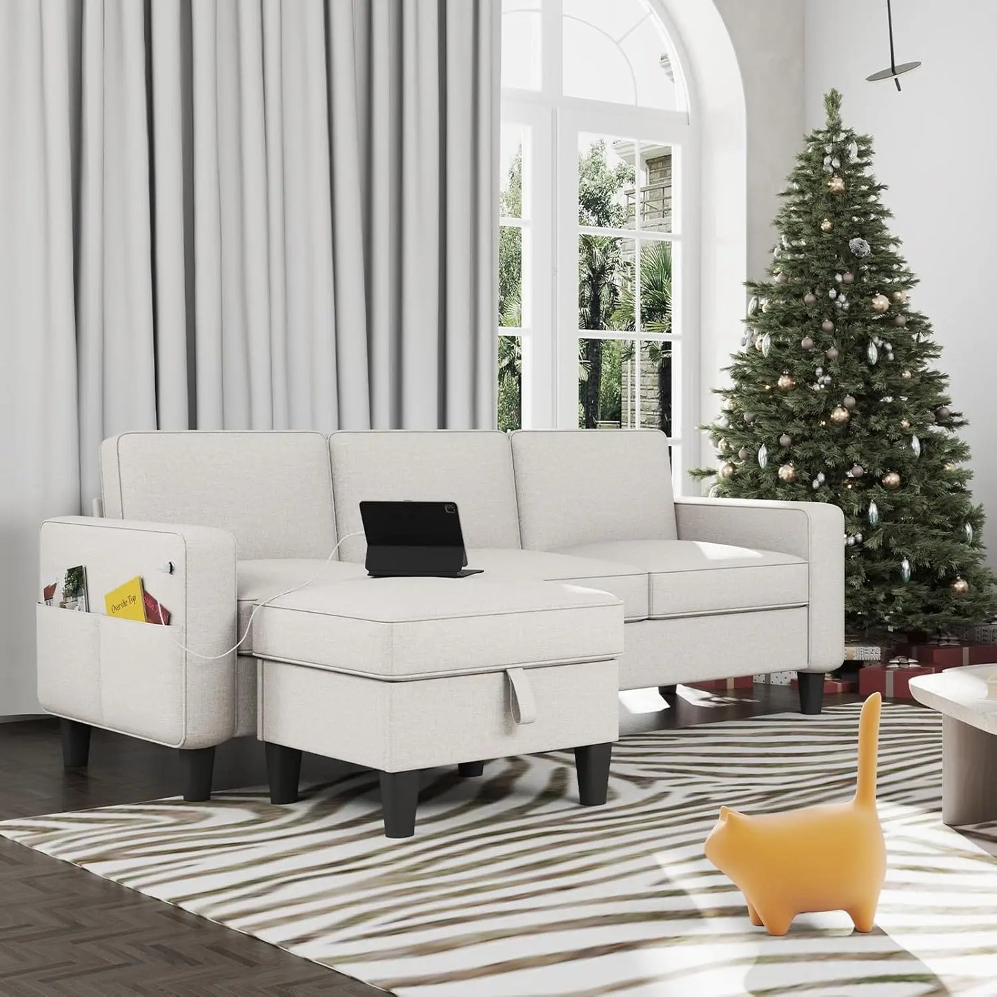 Sectional Sofa Couches, Dark Grey 3 Seat L-Shaped Couch with Storage Ottoman, Comfy Linen Convertible Sectionals
