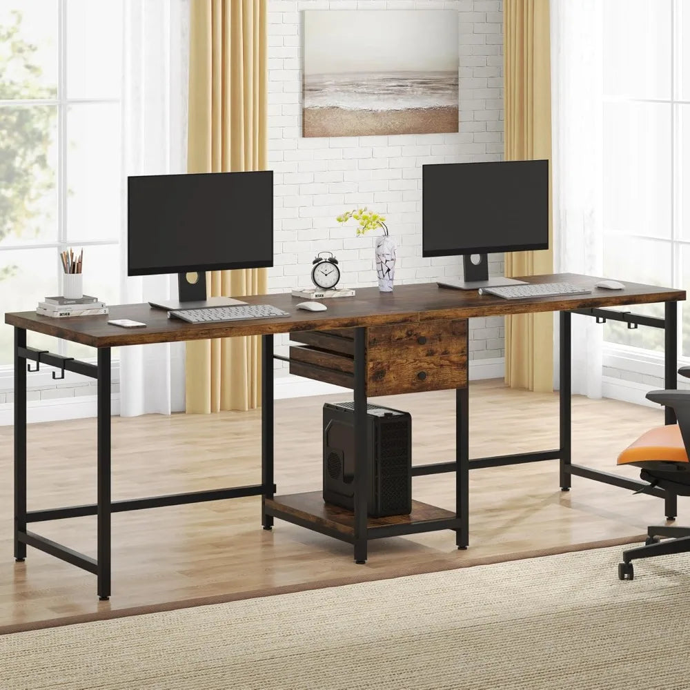two person desk, 79 inch double desks with 2 drawers, large computer desk long desks with storage shelves, writing table study